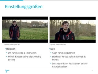 Einstellungsgrößen
30
›Halbnah
• Oft für Dialoge & Interviews
• Mimik & Gestik sind gleichmäßig
betont
›Nah
• Auch für Dialogszenen
• Stärkerer Fokus auf Emotionen &
Mimik
• Zuschauer kann Reaktionen besser
nachvollziehen
Quelle: filmmachen.de Quelle: filmmachen.de
 