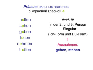 Präsens c ильных глаголов с корневой гласной e h e lfen s e hen g e ben l e sen n e hmen tr e ffen e i, ie in der 2. und 3. Person Singular (Ich-Form und Du-Form) ! Ausnahmen: gehen, stehen