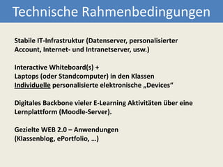Technische RahmenbedingungenStabile IT-Infrastruktur (Datenserver, personalisierter Account, Internet- und Intranetserver, usw.) Interactive Whiteboard(s) + Laptops (oder Standcomputer) in den KlassenIndividuelle personalisierte elektronische „Devices“Digitales Backbone vieler E-Learning Aktivitäten über eine Lernplattform (Moodle-Server). Gezielte WEB 2.0 – Anwendungen (Klassenblog, ePortfolio, …)