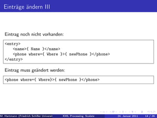 Einträge ändern III



   Eintrag noch nicht vorhanden:
   <entry>
       <name>{ Name }</name>
       <phone where={ Where }>{ newPhone }</phone>
   </entry>

   Eintrag muss geändert werden:
   <phone where={ Where}>{ newPhone }</phone>




M. Hartmann (Friedrich Schiller Universität Jena XML Processing, Scalate Christoph Henniger Januar 2011
                                                 Prof. Dr. Wolfram Amme                24. Christian Schachtzabel26
                                                                                                            14 / )
 