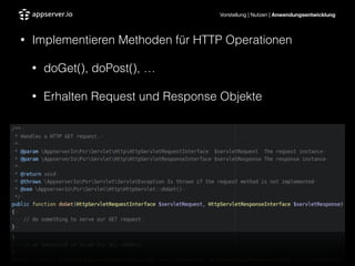 Vorstellung | Nutzen | Anwendungsentwicklung
• Implementieren Methoden für HTTP Operationen
• doGet(), doPost(), …
• Erhalten Request und Response Objekte
 