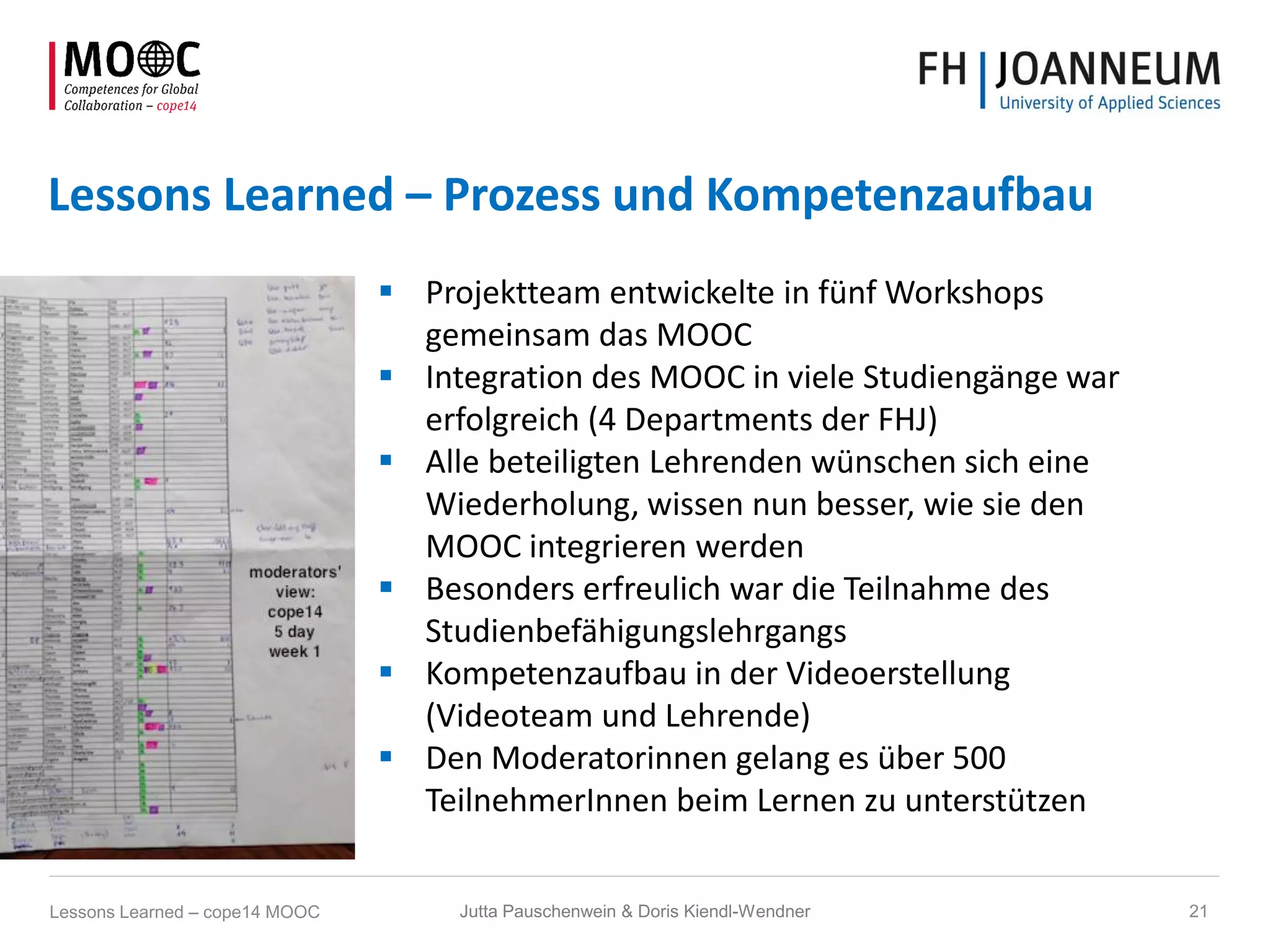 Lessons Learned – Prozess und Kompetenzaufbau
 Projektteam entwickelte in fünf Workshops
gemeinsam das MOOC
 Integration des MOOC in viele Studiengänge war
erfolgreich (4 Departments der FHJ)
 Alle beteiligten Lehrenden wünschen sich eine
Wiederholung, wissen nun besser, wie sie den
MOOC integrieren werden
 Besonders erfreulich war die Teilnahme des
Studienbefähigungslehrgangs
 Kompetenzaufbau in der Videoerstellung
(Videoteam und Lehrende)
 Den Moderatorinnen gelang es über 500
TeilnehmerInnen beim Lernen zu unterstützen
Jutta Pauschenwein & Doris Kiendl-Wendner 21Lessons Learned – cope14 MOOC
 