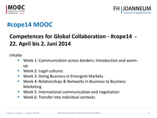 #cope14 MOOC
Competences for Global Collaboration - #cope14 -
22. April bis 2. Juni 2014
Inhalte
 Week 1: Communication a...