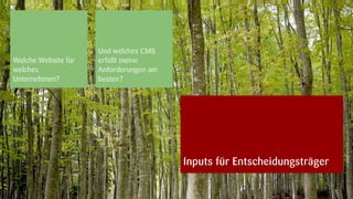 Und welches CMS
Welche Website
Welche Website für   erfüllt meine
für welches
welches              Anforderungen am
Unternehmen?
Unternehmen?         besten?




                                        Inputs für Entscheidungsträger

                                                                    18.09.2012
 