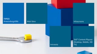 TYPO3
Anwendungsfälle   Web Sites               Infoscreens




                                          360° Content-Playout
                                          (Desktop, Mobile, HD
                              Intranets   TV)


                                                          18.09.2012
 