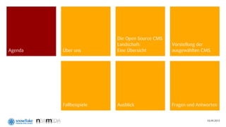 Die Open Source CMS
                         Landschaft:           Vorstellung der
Agenda   Über uns        Eine Übersicht        ausgewählten CMS




         Fallbeispiele   Ausblick              Fragen und Antworten


                                                              18.09.2012
 