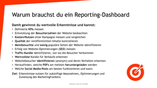 Warum brauchst du ein Reporting-Dashboard
Damit gewinnst du wertvolle Erkenntnisse und kannst:
• Definierte KPIs messen
• Entwicklung der Besucherzahlen der Website beobachten
• Kosten/Nutzen einer Kampagne messen und vergleichen
• Qualität der veröffentlichten Inhalte kontrollieren
• Meistbesuchte und wenig populäre Seiten der Website identifizieren
• Erfolg von Website-Optimierungen (SEO) messen
• Traffic-Kanäle identifizieren, von wo die Besucher herkommen
• Wertvollste Kanäle für Verkäufe erkennen
• Websitebesucher identifizieren (anonym) und deren Verhalten erkennen
• Herausfinden, welche PDFs am meisten heruntergeladen werden
• Welche Social Media-Posts am besten funktionieren und wann
Ziel: Erkenntnisse nutzen für zukünftige Massnahmen, Optimierungen und
Zuweisung des Marketingfrankens
Atelier GoLive GmbH
 