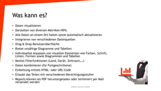 Was kann es?
• Daten visualisieren
• Darstellen von diversen Metriken/KPIs
• Alle Daten an einem Ort halten sowie automatisch aktualisieren
• Integrieren von verschiedenen Datenquellen
• Drag & Drop-Benutzeroberfläche
• Bietet unzählige Diagramme und Tabellen
• Individuelles Anpassen von visuellen Elementen wie Farben, Schrift,
Linien, Formen sowie Diagrammen und Tabellen
• Besitzt Filterfunktionen (Land, Gerät, Zeitraum,…)
• Daten kombinieren (für Fortgeschrittene)
• Einbettung mittels HTML- oder URL-Code
• Erlaubt das Teilen mit verschiedenen Berechtigungsstufen
• Reports können als PDF heruntergeladen oder terminiert per Mail
versendet werden
Atelier GoLive GmbH
 