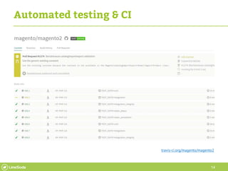 14
Automated testing & CI
travis-ci.org/magento/magento2
 