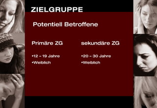 15
ZIELGRUPPE
Primäre ZG
•12 – 19 Jahre
•Weiblich
sekundäre ZG
•20 – 30 Jahre
•Weiblich
Potentiell Betroffene
 