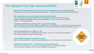 De vigtigste ting ‘over vandover"aden’
Info om sikkerhedsregler, hvad man gør ved ulykker og telefonnumre er altafgørende!
Enighed om, at det er den absolut vigtigste faktor - som bør være til stede ved alle locations
Når sikkerheden er på plads prioriteres bekvemmeligheden
Let at komme til location i egen bil er næst vigtigst. Og at fortælle, at man kan
besøge Lillebælt ved både endags- og weekendture - og at man nemt kan komme
dertil - er et kardinalpunkt
Tryghed og sikkerhed via gode guider er også meget vigtigt
Især begyndere har brug for guides og dykkerture - og Lillebælt er et udfordrende sted at dykke.
Info. om og adgang til guides skal forbedres. I dag skal man ‘kende nogen, der kender nogen’
Nemt tilgængeligt luft er vigtigt for alle
De er ikke ufarligt selv at medbringe luft i bilen, og er der nem og billig adgang til
luft, så foretrækker mange at leje $asker
Overnatningsmuligheder med plads til udstyr
Det er jo især vigtigt for tyskerne og hollænderne - ud fra devisen ‘nice and simple’
Mulighed for leje af udstyr - samt dykkerkurser og undervisning
Disse er mindst vigtige - men husk at respondenterne er erfarende dykkere
- og de nævner da også, at det vil være vigtigt for begyndere ...

tirsdag den 10. december 13

 
