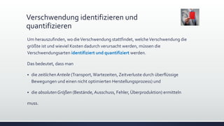 Verschwendung identifizieren und
quantifizieren
Um herauszufinden, w0 dieVerschwendung stattfindet, welcheVerschwendung die
größte ist und wieviel Kosten dadurch verursacht werden, müssen die
Verschwendungsarten identifiziert und quantifiziert werden.
Das bedeutet, dass man
 die zeitlichen Anteile (Transport,Wartezeiten, Zeitverluste durch überflüssige
Bewegungen und einen nicht optimierten Herstellungsprozess) und
 die absoluten Größen (Bestände, Ausschuss, Fehler, Überproduktion) ermitteln
muss.
 