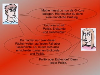 Mathe musst du nun als G-Kurs belegen. Hier machst du dann eine mündliche Prüfung.  Und was ist mit Politik, Erdkunde und Geschichte? Du machst nur zwei dieser Fächer weiter, auf jeden Fall aber Geschichte. Du musst dich also entscheiden zwischen Erdkunde und Politik.  Politik oder Erdkunde? Dann lieber Politik. 