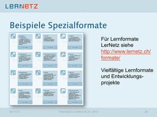 Beispiele Spezialformate
Für Lernformate
LerNetz siehe
http://www.lernetz.ch/
formate/
Vielfältige Lernformate
und Entwicklungsprojekte

06.11.13

Präsentation LerNetz AG © 2013

20

 