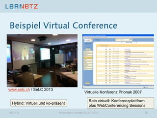Beispiel Virtual Conference

www.selc.ch / SeLC 2013

Virtuelle Konferenz Phonak 2007

Hybrid: Virtuell und ko-präsent
06.11.13

Rein virtuell: Konferenzplattform
plus WebConferencing Sessions

Präsentation LerNetz AG © 2013

28

 