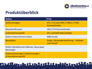 Produktüberblick
Online                                    Print
Stellenanzeigen                           HTL // FS und HAK // HBLA // HLW
                                          KarriereGuides
BewerberBrowser                           UNI // FH KarriereGuides
Unternehmensprofil                        HTL und HAK Maturafolder
Online Unternehmens-News                  MBA Guide
Newsletter                                Guide „Personalentwicklung – Anbieter
                                          und Trends“
Online Werbeformen (Banner, Skyscraper,
Rectangle)
Videoeinbindungen (Stellenanzeige +
Unternehmensprofil)



                                                                                  4
 