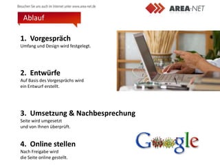 Ablauf

1. Vorgespräch
Umfang und Design wird festgelegt.




2. Entwürfe
Auf Basis des Vorgesprächs wird
ein Entwurf erstellt.




3. Umsetzung & Nachbesprechung
Seite wird umgesetzt
und von Ihnen überprüft.


4. Online stellen
Nach Freigabe wird
die Seite online gestellt.
 