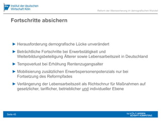 Fortschritte absichern
► Herausforderung demografische Lücke unverändert
► Beträchtliche Fortschritte bei Erwerbstätigkeit und
Weiterbildungsbeteiligung Älterer sowie Lebensarbeitszeit in Deutschland
► Tempoverlust bei Erhöhung Rentenzugangsalter
► Mobilisierung zusätzlichen Erwerbspersonenpotenzials nur bei
Fortsetzung des Reformpfades
► Verlängerung der Lebensarbeitszeit als Richtschnur für Maßnahmen auf
gesetzlicher, tariflicher, betrieblicher und individueller Ebene
Reform der Alterssicherung im demografischen Wandel
Seite 45
 