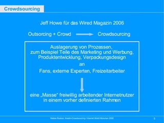 Jeff Howe für das Wired Magazin 2006 Outsorcing + Crowd Auslagerung von Prozessen,  zum Beispiel Teile des Marketing und W...