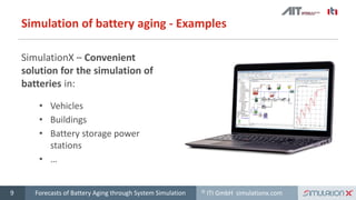 © ITI GmbH simulationx.com
Simulation of battery aging - Examples
SimulationX – Convenient
solution for the simulation of
batteries in:
• Vehicles
• Buildings
• Battery storage power
stations
• …
Forecasts of Battery Aging through System Simulation9
 
