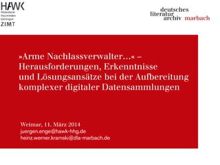 »Arme Nachlassverwalter…« –
Herausforderungen, Erkenntnisse
und Lösungsansätze bei der Aufbereitung
komplexer digitaler Datensammlungen
Weimar, 11. März 2014
juergen.enge@hawk-hhg.de
heinz.werner.kramski@dla-marbach.de
 