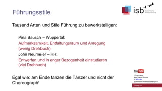 Führungsstile
Tausend Arten und Stile Führung zu bewerkstelligen:
Pina Bausch – Wuppertal:
Aufmerksamkeit, Entfaltungsraum und Anregung
(wenig Drehbuch)
John Neumeier – HH:
Entwerfen und in enger Bezogenheit einstudieren
(viel Drehbuch)

Egal wie: am Ende tanzen die Tänzer und nicht der
Choreograph!

CC-by-Lizenz,
Autor: Bernd Schmid
für isb-w.eu
Systemische Professionalität 2013

Seite 34

 