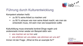 Führung durch Kulturentwicklung
Kompetent arbeiten heißt:
 zu 50 % seine Arbeit zu machen und
 zu 50 % schauen wie man seine Arbeit macht, wie man sie
entwickeln muss, mit wem man wie kooperieren sollte

Kulturbildung muss einerseits konkret Dinge regeln und
andererseits immer wieder ein Beispiel dafür sein
 wie machen wir es hier und
 wie erfahren wir uns dabei, wie stimmen wir uns ab?
Immer mit der Frage: „What ist this an example for?“

CC-by-Lizenz,
Autor: Bernd Schmid
für isb-w.eu
Systemische Professionalität 2013

Seite 49

 