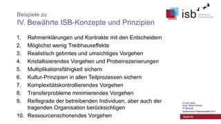 Beispiele zu

IV. Bewährte ISB-Konzepte und Prinzipien
1.
2.
3.
4.
5.
6.
7.
8.
9.

Rahmenklärungen und Kontrakte mit den Entscheidern
Möglichst wenig Treibhauseffekte
Realistisch getimtes und umsichtiges Vorgehen
Kristallisierendes Vorgehen und Probeinszenierungen
Multiplikationsfähigkeit sichern
Kultur-Prinzipien in allen Teilprozessen sichern
Komplexitätskontrollierendes Vorgehen
Transferprobleme minimierendes Vorgehen
Reifegrade der betreibenden Individuen, aber auch der
tragenden Organisation berücksichtigen
10. Ressourcenschonendes Vorgehen

CC-by-Lizenz,
Autor: Bernd Schmid
für isb-w.eu
Systemische Professionalität 2013

Seite 65

 