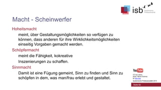 Macht - Scheinwerfer
Hoheitsmacht
meint, über Gestaltungsmöglichkeiten so verfügen zu
können, dass anderen für ihre Wirklichkeitsmöglichkeiten
einseitig Vorgaben gemacht werden.
Schöpfermacht
meint die Fähigkeit, kokreative
Inszenierungen zu schaffen.
Sinnmacht
Damit ist eine Fügung gemeint, Sinn zu finden und Sinn zu
schöpfen in dem, was man/frau erlebt und gestaltet.

CC-by-Lizenz,
Autor: Bernd Schmid
für isb-w.eu
Systemische Professionalität 2013

Seite 82

 