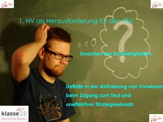 1. HV als Herausforderung für den FSU Ursachen der Schwierigkeiten Defizite in der Aktivierung von Vorwissen  beim Zugang zum Text und  uneffektiver Strategieeinsatz  