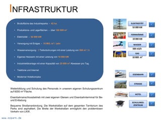 INFRASTRUKTUR
        •   Bruttofläche des Industrieparks - 42 ha                                     ELEKTRIZITÄT   
                                                                                         52 000 kW
        •   Produktions- und Lagerflächen - über 180 000 m²

                                                                                        FERNWÄRME      
        •   Elektrizität - 52 000 kW
                                                                                         10 000 kW

        •   Versorgung mit Erdgas - 10 Mill. m³ / Jahr
                                                                                          WASSER       
                                                                                         500 m3/h
        •   Wasserversorgung: 3 Tiefenbohrungen mit einer Leistung von 500 m³ / h
                                                                                            GAS        
        •   Eigenes Heizwerk mit einer Leistung von 10 000 kW                            10 Mill. m³

        •   Industriekläranlage mit einer Kapazität von 25 000 m3 Abwasser pro Tag


        •   Telefonie und Internet
                                                                                         EISENBAHN     
        •   Moderner Hotelkomplex


                                                                                           STRASSE     

     Weiterbildung und Schulung des Personals in unserem eigenen Schulungszentrum
     auf 6000 m2 Fläche.
                                                                                           HOTEL       
     Eisenbahnanschlussbetrieb mit zwei eigenen Gleisen und Eisenbahnterminal für Be-
     und Entladung
                                                                                         SCHULUNGS-
                                                                                                       
     Bequeme Straßenanbindung. Die Werkstraßen auf dem gesamten Territorium des           ZENTRUM
     Parks sind asphaltiert. Die Breite der Werkstraßen ermöglicht den problemlosen
     Verkehr von LKW.

www.ozpark.de
 