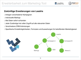 Zukünftige Erweiterungen von Leadris
Erweiterbarkeit zum Marketing Tool
:: Anlegen verschiedener Kampagnen!
:: Individuelle Mailings!
:: Alle Daten sofort vorhanden!
:: Jeder Zuständige hat vollen Zugriff auf alle relevanten Daten!
:: Verschiedene CRM Anbindungen!
:: Speziﬁsche Einstellmöglichkeiten, Formulare und Auswertungen für betreffenden Marketingkanal!
Leadris
Kampagne A
Mailings
SEM
Kampagne B
Messe X
!9
 