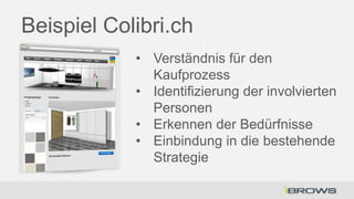 Beispiel Colibri.ch
• Verständnis für den
Kaufprozess
• Identifizierung der involvierten
Personen
• Erkennen der Bedürfnisse
• Einbindung in die bestehende
Strategie

 