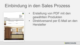 Einbindung in den Sales Prozess
• Erstellung von PDF mit den
gewählten Produkten
• Direktversand per E-Mail an den
Hersteller

 