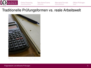 Online Proctoring Take Home Exams Alternative Formate Ofﬂine-Prüfungen
Traditionelle Prüfungsformen vs. reale Arbeitswelt
...