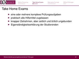 Online Proctoring Take Home Exams Alternative Formate Offline-Prüfungen
Take Home Exams
I eine oder mehrere komplexe Prüfu...