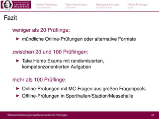 Online Proctoring Take Home Exams Alternative Formate Offline-Prüfungen
Fazit
weniger als 20 Prüflinge:
I mündliche Online...