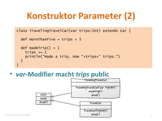Konstruktor Parameter (2) var -Modifier macht  trips  public class TravelingTravelCar(var trips:Int) extends Car { def moreThanFive = trips > 5 def madeTrip() = { trips += 1 println("Made a trip, now "+trips+" trips.") }  } © Sven Naumann, Marcel Rehfeld 