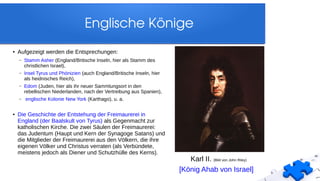 Englische Könige
Karl II. (Bild von John Riley)
[König Ahab von Israel]
● Aufgezeigt werden die Entsprechungen:
– Stamm Asher (England/Britische Inseln, hier als Stamm des
christlichen Israel),
– Insel Tyrus und Phönizien (auch England/Britische Inseln, hier
als heidnisches Reich),
– Edom (Juden, hier als ihr neuer Sammlungsort in den
rebellischen Niederlanden, nach der Vertreibung aus Spanien),
– englische Kolonie New York (Karthago), u. a.
● Die Geschichte der Entstehung der Freimaurerei in
England (der Baalskult von Tyrus) als Gegenmacht zur
katholischen Kirche. Die zwei Säulen der Freimaurerei:
das Judentum (Haupt und Kern der Synagoge Satans) und
die Mitglieder der Freimaurerei aus den Völkern, die ihre
eigenen Völker und Christus verraten (als Verbündete,
meistens jedoch als Diener und Schutzhülle des Kerns).
 