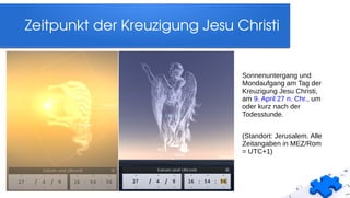Zeitpunkt der Kreuzigung Jesu Christi
Sonnenuntergang und
Mondaufgang am Tag der
Kreuzigung Jesu Christi,
am 9. April 27 n. Chr., um
oder kurz nach der
Todesstunde.
(Standort: Jerusalem. Alle
Zeitangaben in MEZ/Rom
= UTC+1)
 