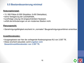16
5.5 Bestandssanierung minimal
Nutzungskonzept:
• 13. 000 Plätze (6.550 Sitzplätze, 6.450 Stehplätze),
• keine Verlagerung der Leichtathletik,
• kurzfristige Lösung mit eingeschränktem Nutzwert,
• erfüllt die Anforderungen an ein modernes Stadion nicht.
Planungsrecht:
• Genehmigungsfähigkeit erscheint im „normalen“ Baugenehmigungsverfahren erreichbar,
Investitionskosten:
• Ausgangsbasis war hier die vorliegende Kostenprognose KIJ von 3.597 T€.
• Diese erscheint plausibel, somit ergeben sich
Gesamtinvestitionskosten von 3.597 T€.
 