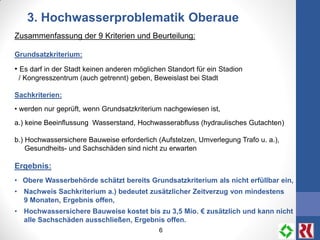 6
3. Hochwasserproblematik Oberaue
Zusammenfassung der 9 Kriterien und Beurteilung:
Grundsatzkriterium:
• Es darf in der Stadt keinen anderen möglichen Standort für ein Stadion
/ Kongresszentrum (auch getrennt) geben, Beweislast bei Stadt
Sachkriterien:
• werden nur geprüft, wenn Grundsatzkriterium nachgewiesen ist,
a.) keine Beeinflussung Wasserstand, Hochwasserabfluss (hydraulisches Gutachten)
b.) Hochwassersichere Bauweise erforderlich (Aufstelzen, Umverlegung Trafo u. a.),
Gesundheits- und Sachschäden sind nicht zu erwarten
Ergebnis:
• Obere Wasserbehörde schätzt bereits Grundsatzkriterium als nicht erfüllbar ein,
• Nachweis Sachkriterium a.) bedeutet zusätzlicher Zeitverzug von mindestens
9 Monaten, Ergebnis offen,
• Hochwassersichere Bauweise kostet bis zu 3,5 Mio. € zusätzlich und kann nicht
alle Sachschäden ausschließen, Ergebnis offen.
 