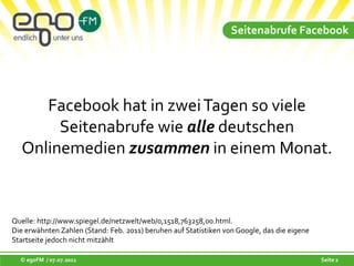 Seitenabrufe FacebookFacebookhat in zwei Tagen so viele Seitenabrufe wie alle deutschen Onlinemedien zusammen in einem Monat.Quelle: http://www.spiegel.de/netzwelt/web/0,1518,763258,00.html.Die erwähnten Zahlen (Stand: Feb. 2011) beruhen auf Statistiken von Google, das die eigene Startseite jedoch nicht mitzählt