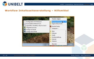 UnIbELT | Kurserstellung | Rahmenrichtlinien | Workflow | Fazit




   W o r kf lo w I n h a l ts s ei ten e rs tel lu n g – H il f s m i tt el




14 | 16      Ku rserst el l un g im Proj ekt Un IbELT                                 Si n dy Di et sch | Wolf Spal tehol z
 