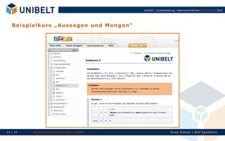 UnIbELT | Kurserstellung | Rahmenrichtlinien | Workflow | Fazit




   B eis p i elk u rs „ A u ss a g en u n d M en g en “




15 | 16     Ku rserst el l un g im Proj ekt Un IbELT                           Si n dy Di et sch | Wolf Spal tehol z
 
