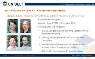 UnIbELT | Kurserstellung | Rahmenrichtlinien | Workflow | Fazit




   D a s Pr o j ek t U n Ib E LT - R a h m e n bed i n gu n ge n

         Übergang Schule – Hochschule mit Unterstützung Internet-basierter E-Learning-Tools
                                                           ESF-gefördertes Projekt
                                                           Laufzeit: August 2009 – September 2012
                                                           Schwerpunkte und Vorgaben:

                                                               Einsatz von geeigneten E-Learning-Szenarien in der
                                                                Studienvorbereitung

                                                               Öffnung der Lernplattform OPAL für sächsische
                                                                Gymnasien

                                                               Sächsische GymnasiastInnen der Sekundarstufe II
                                                                arbeiten in ihrer Freizeit an den Kursen

                                                               900 Schüler (in insgesamt 75 Kursdurchläufen)

3 | 16           Ku rserst el l un g im Proj ekt Un IbELT                                                  Si n dy Di et sch | Wolf Spal tehol z
 