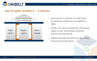 UnIbELT | Kurserstellung | Rahmenrichtlinien | Workflow | Fazit




   D a s Pr o j ek t U n Ib E LT – 3 S ä u le n


                   Studienorientierung                            Nutzung der in Sachsen an (fast) allen
                    und -vorbereitung                              Hochschulen etablierten Lernplattform
                                                                   OPAL
                                                                  Inhalte und deren didaktische Umsetzung
         Platt-             Gegen-                    Hoch-        liegen an der Schnittstelle zwischen
         form                 stand                   schule       Schule und Hochschule

                                                                  Arbeitsmethodik fokussiert auf den Alltag
                                                                   eines Hochschulstudiums




4 | 16            Ku rserst el l un g im Proj ekt Un IbELT                                         Si n dy Di et sch | Wolf Spal tehol z
 