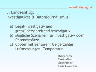 volledrohnung.de
Hühnerfarm
Taksim-Platz
Geigerzähler
Karte Fukushima
5. Landeanflug:
Investigatives & Datenjournalismus
a) Legal-investigativ und
grenzüberschreitend-investigativ
b) Mögliche Szenarien für Investigativ- oder
Dateneinsätze
c) Copter mit Sensoren: Geigerzähler,
Luftmessungen, Temperatur…
 