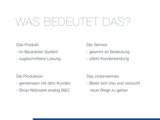 WAS BEDEUTET DAS?
Das Produkt
- im Baukasten System
- zugeschnittene Lösung
Die Produktion
- gemeinsam mit dem Kunden
- Shop-Netzwerk analog B&O
Der Service
- gewinnt an Bedeutung
- stärkt Kundenbindung
Das Unternehmen
- Bleibt sich treu und versucht
neue Wege zu gehen
 
