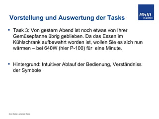 Vorstellung und Auswertung der Tasks Task 3:  Von gestern Abend ist noch etwas von Ihrer Gemüsepfanne übrig geblieben. Da das Essen im Kühlschrank aufbewahrt worden ist, wollen Sie es sich nun wärmen – bei 640W (hier P-100) für  eine Minute. Hintergrund: Intuitiver Ablauf der Bedienung, Verständniss der Symbole 